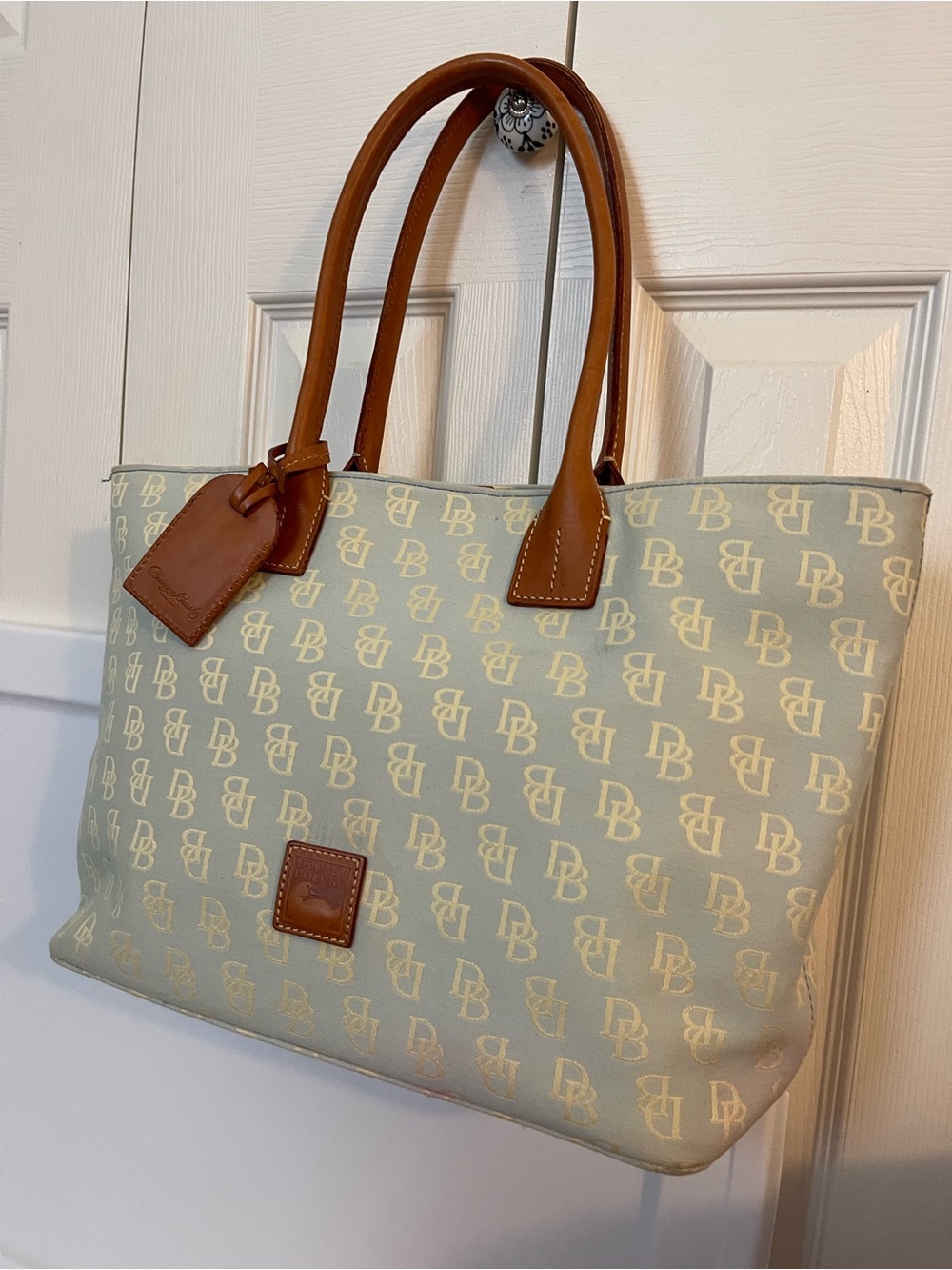 Dooney & Bourke Light Beige Logo Tote with Tan Leather Trim